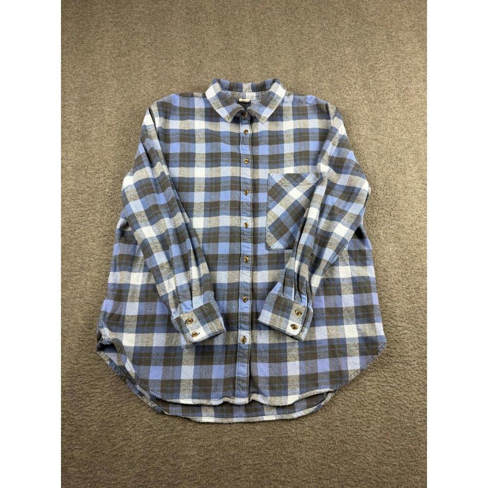 Aerie Women's S Small Blue & Gray Plaid Flannel Shirt Long Sleeve Button Down